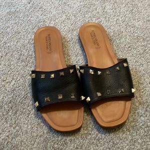 woman’s black summer sandals with gold studs, Sophia Milliano made in Italy